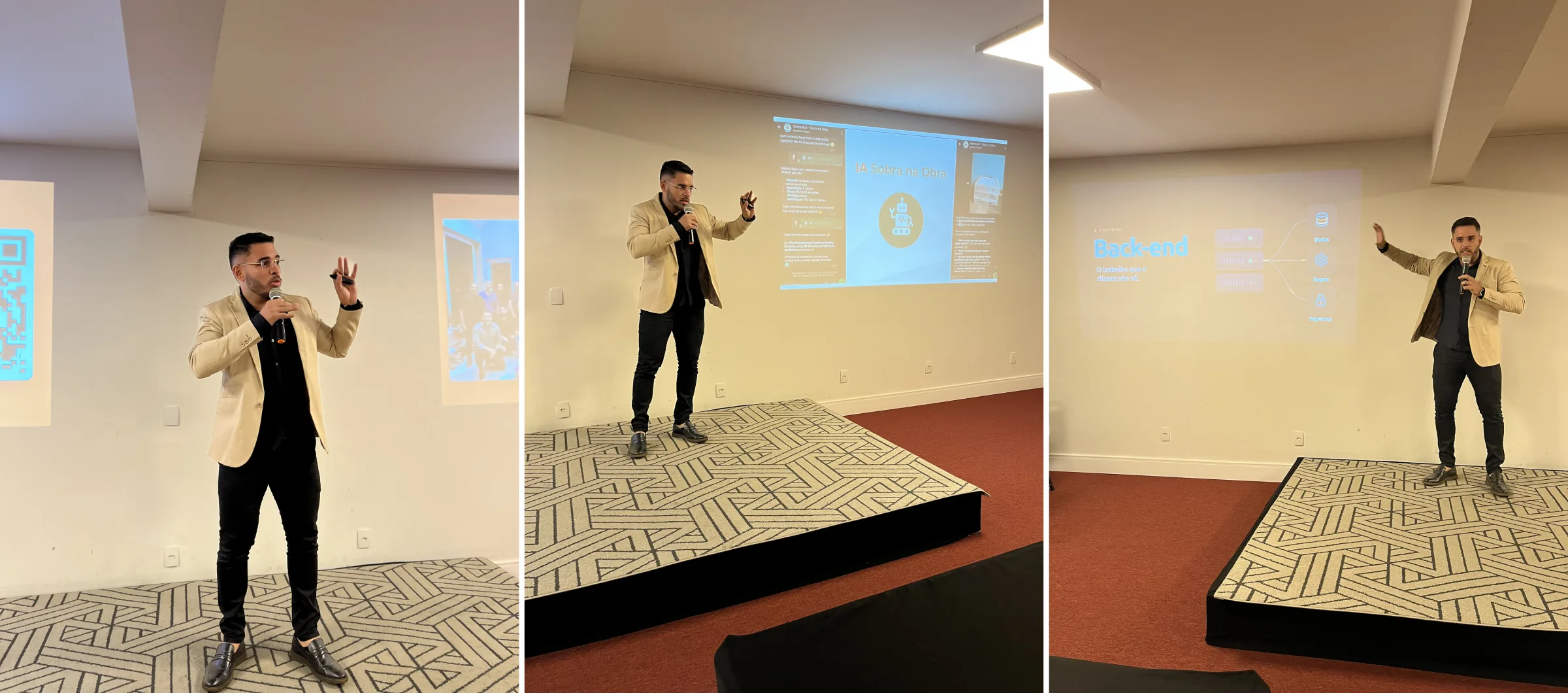 Luiz Carvalho no palco apresentando os conceitos de arquitetura, banco de dados e agentes de IA na Turma 1 em Palmas