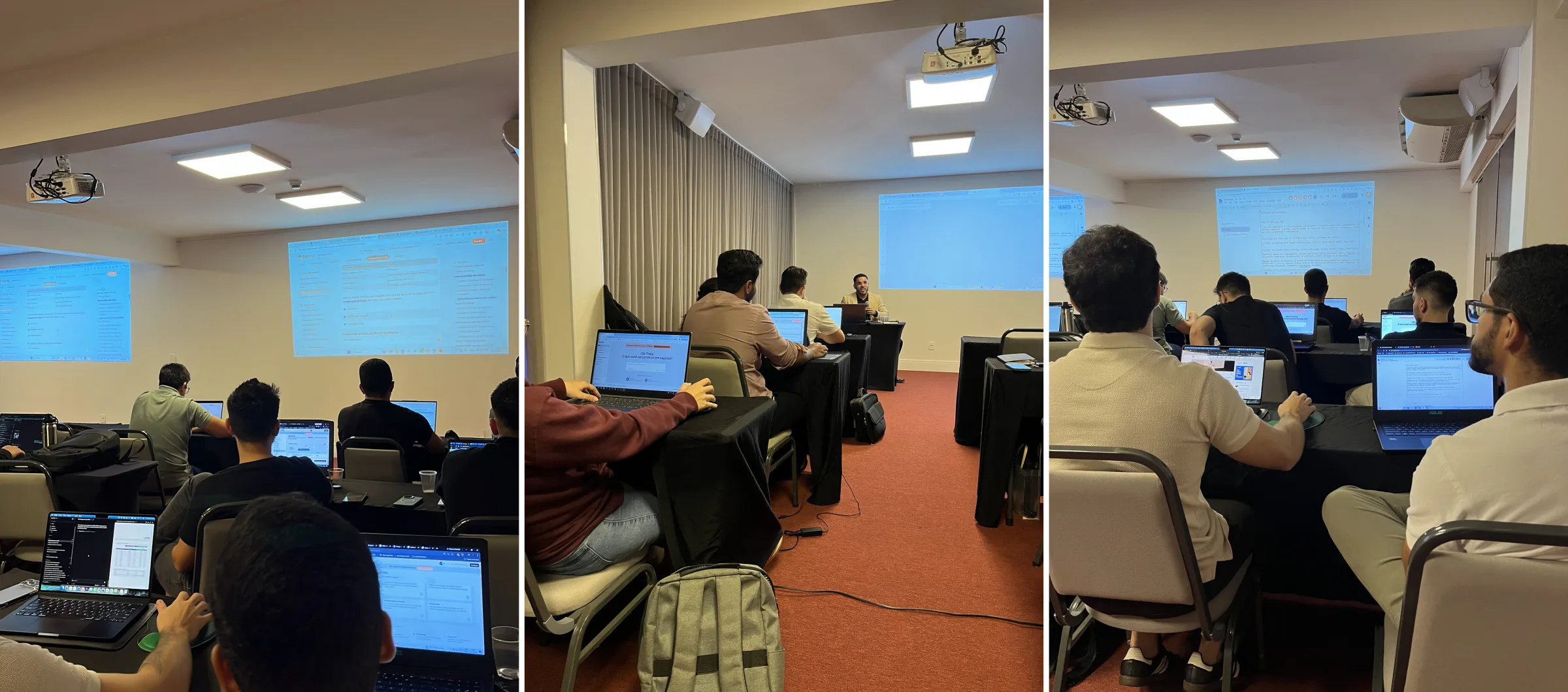 Sala de Treinamento do Hotel 10 Palmas com alunos nos notebooks construindo seus aplicativos na Base44