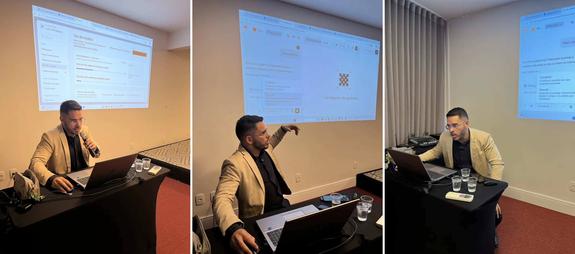 Luiz Carvalho demonstrando ao vivo no projetor a criação do módulo financeiro e o controle de créditos na Base44